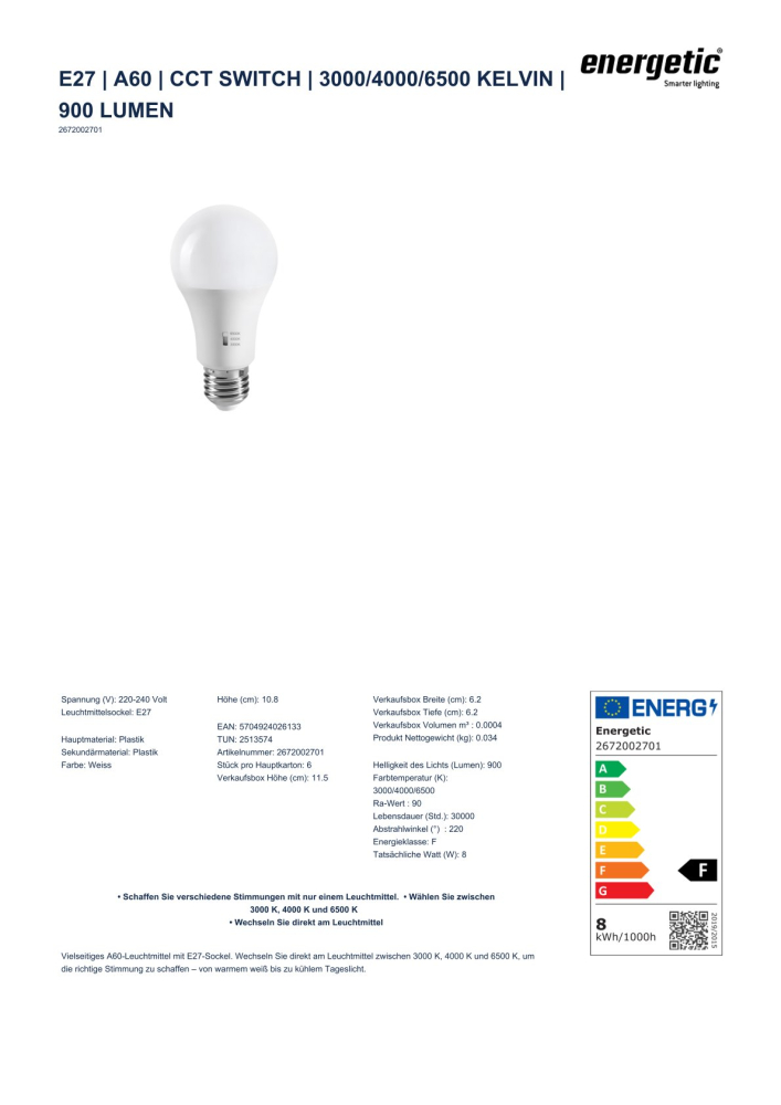 Energetic LED Lampe A60 CCT Switch 3000/4000/6500K 900Lm E27 2672002701