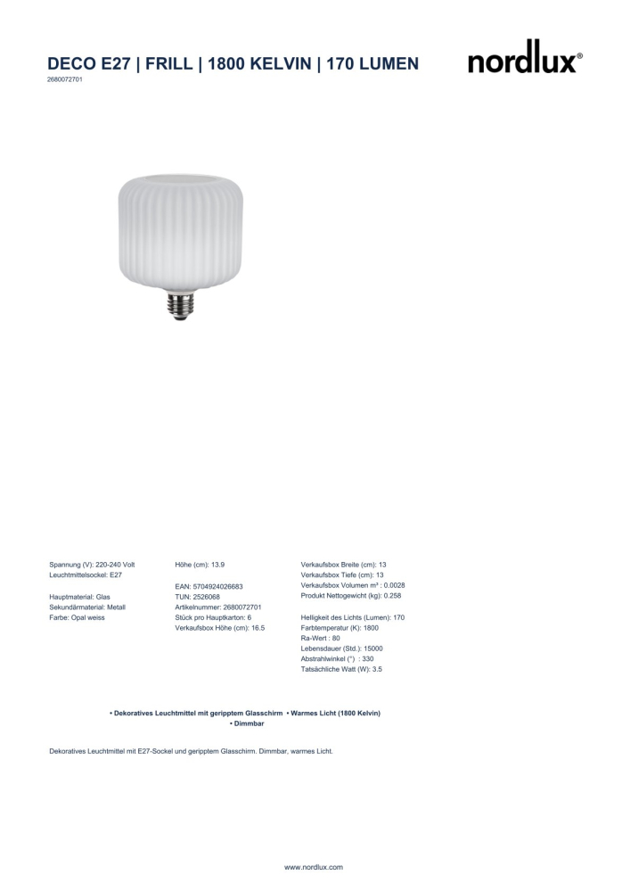 Nordlux LED Lampe Deco Frill Leuchtmittel dimmbar E27 1800K 2680072701