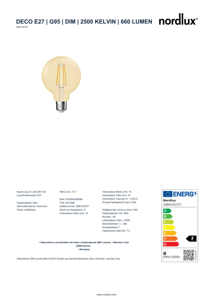 Nordlux LED Lampe G95 dimmbar 7,2W E27 Filament Deco Globe Leuchtmittel 2500K 660Lm 2680102727