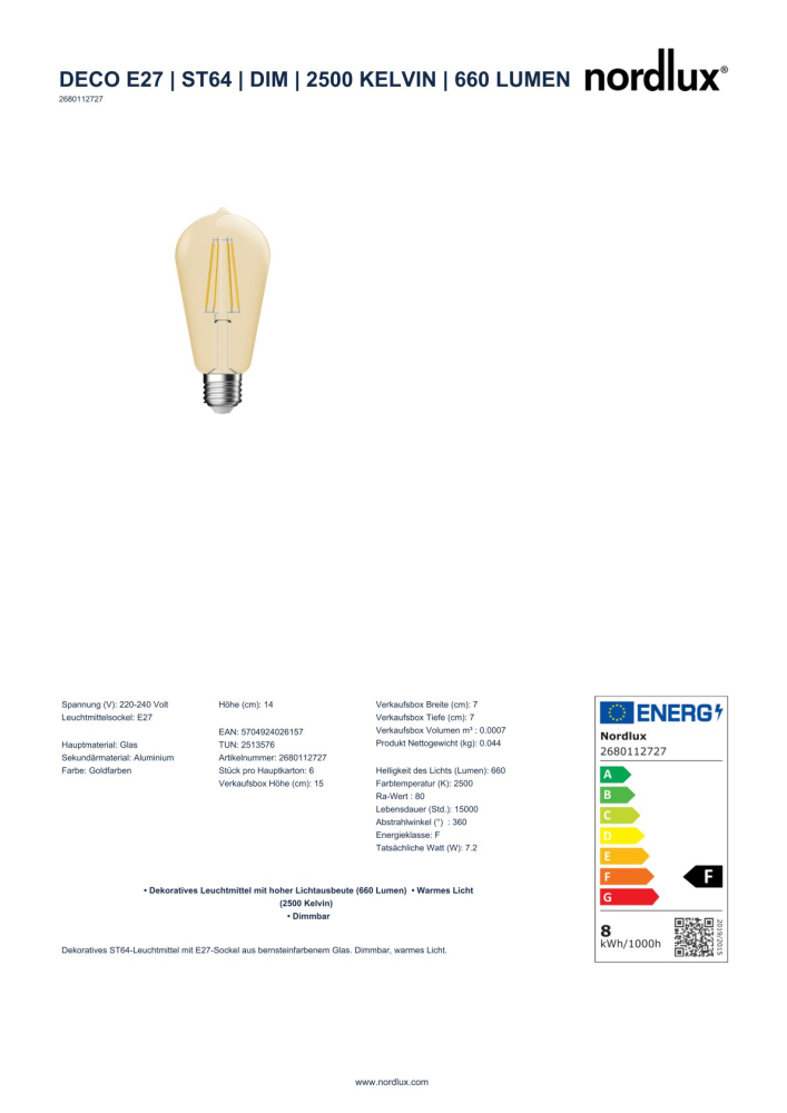 Nordlux LED Lampe ST64 dimmbar 7,2W E27 Filament Deco Leuchtmittel 2500K 660Lm 2680112727