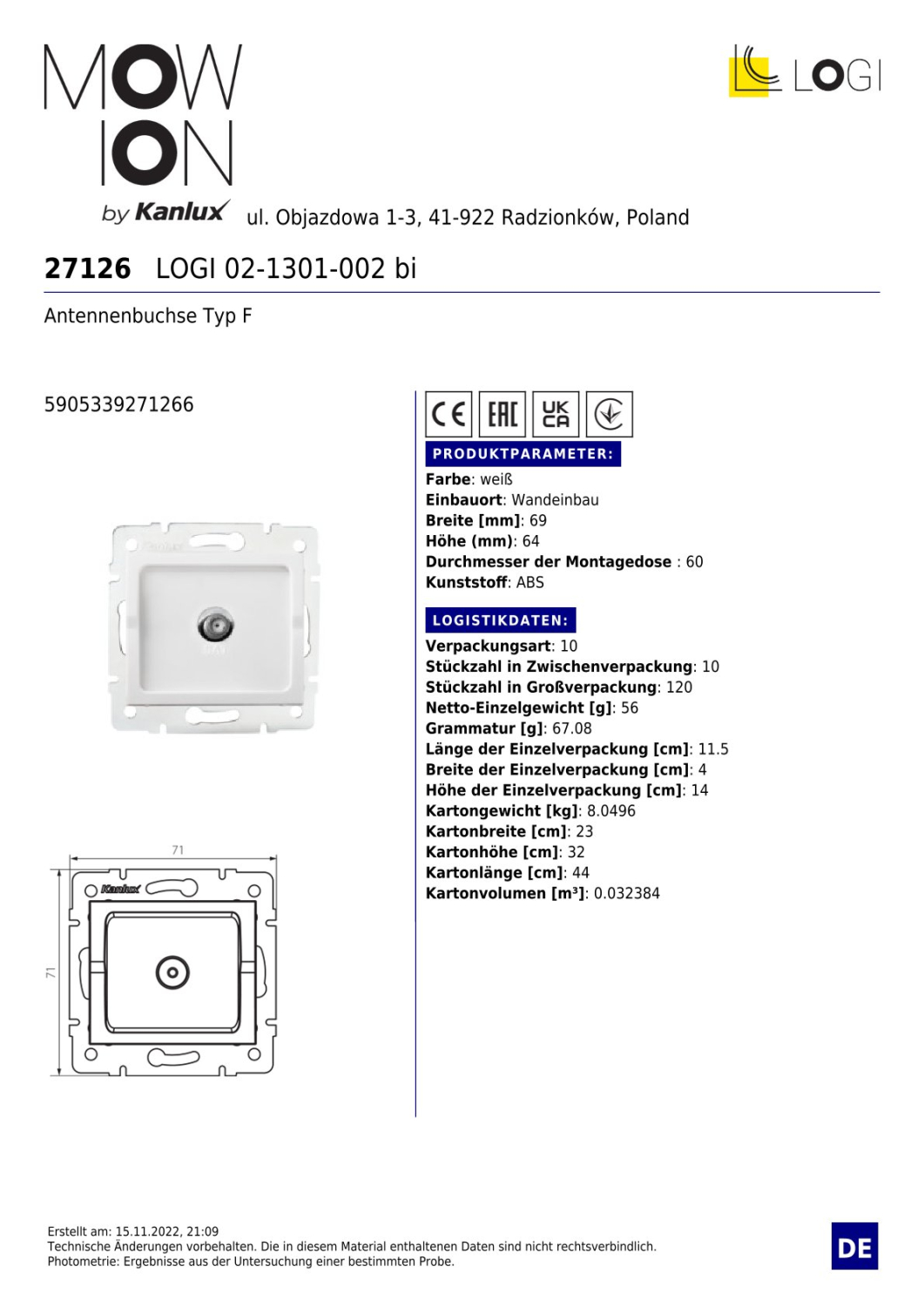 LOGI Antennenbuchse Typ F, F-Stecker Antennendose UP Weiss 27126