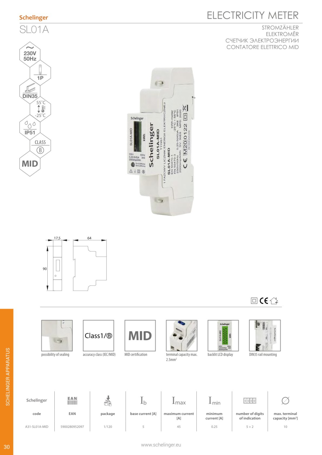 Schelinger Energiezähler 1-Phasen MID 45A Stromzähler elektronisch A31-SL01A-MID