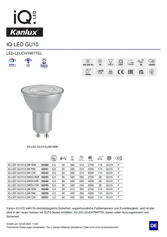 LED Lampe GU10 6,5W 4000K Ra95 515Lm neutralweiss Strahler silber IQ-LED Kanlux 35241