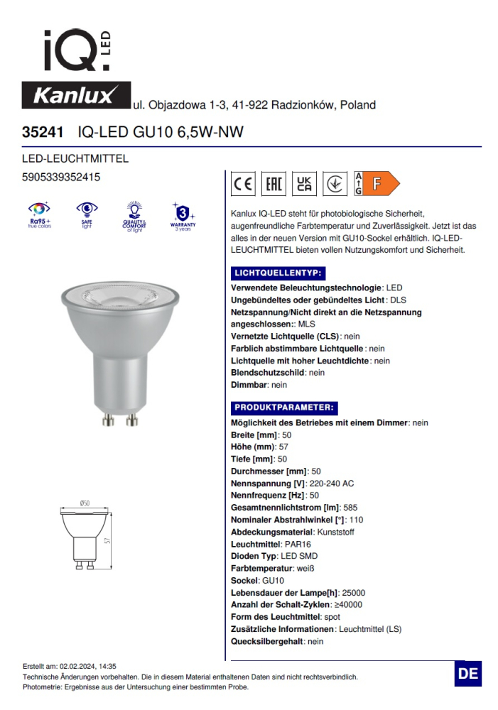 LED Lampe GU10 6,5W 4000K Ra95 515Lm neutralweiss Strahler silber IQ-LED Kanlux 35241