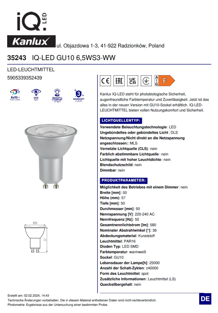 LED Spot GU10 6,5W 2700K 36° Ra95 535Lm warmweiss silber Kanlux 35243