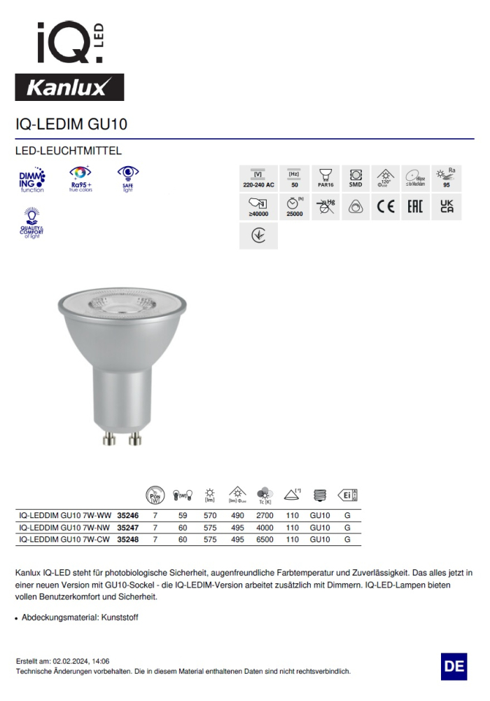 LED Strahler 7W 2700K dimmbar GU10 Lampe 490Lm warmweiss RA95 IQ-LEDDIM Kanlux 35246