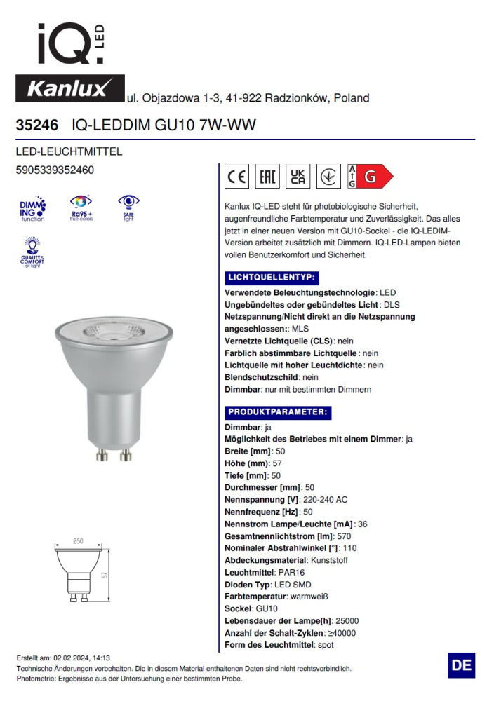 LED Strahler 7W 2700K dimmbar GU10 Lampe 490Lm warmweiss RA95 IQ-LEDDIM Kanlux 35246