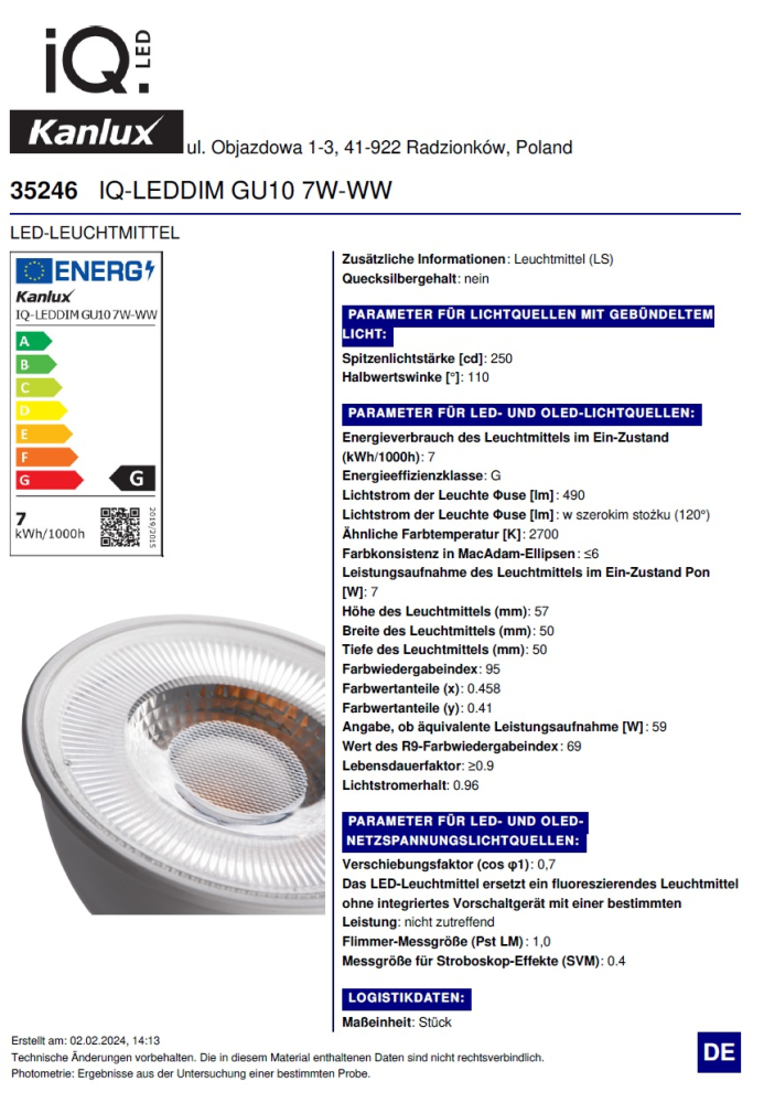 LED Strahler 7W 2700K dimmbar GU10 Lampe 490Lm warmweiss RA95 IQ-LEDDIM Kanlux 35246