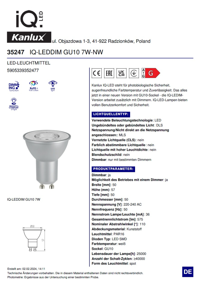 LED Strahler 7W 4000K dimmbar GU10 Lampe 495Lm neutralweiss RA95 Kanlux 35247