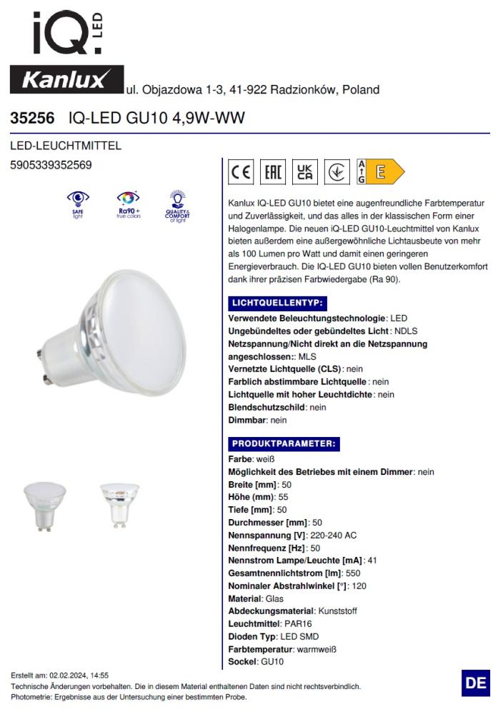 LED Lampe GU10 4,9W 2700K 550Lm warmweiss Strahler RA90 IQ Kanlux 35249 35256