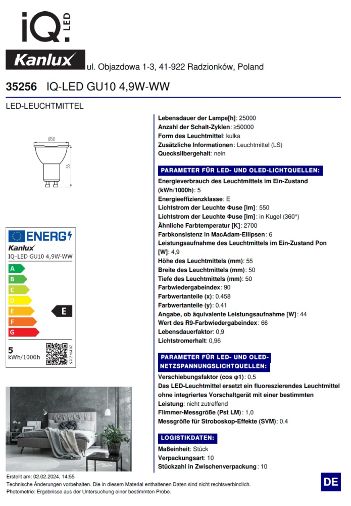LED Lampe GU10 4,9W 2700K 550Lm warmweiss Strahler RA90 IQ Kanlux 35249 35256