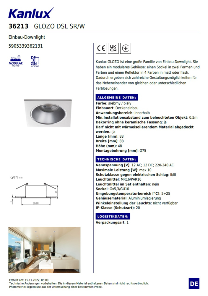 Einbaurahmen Einbau-Downlight GLOZO DSL SR/W Deckeneinbauleuchte 36213