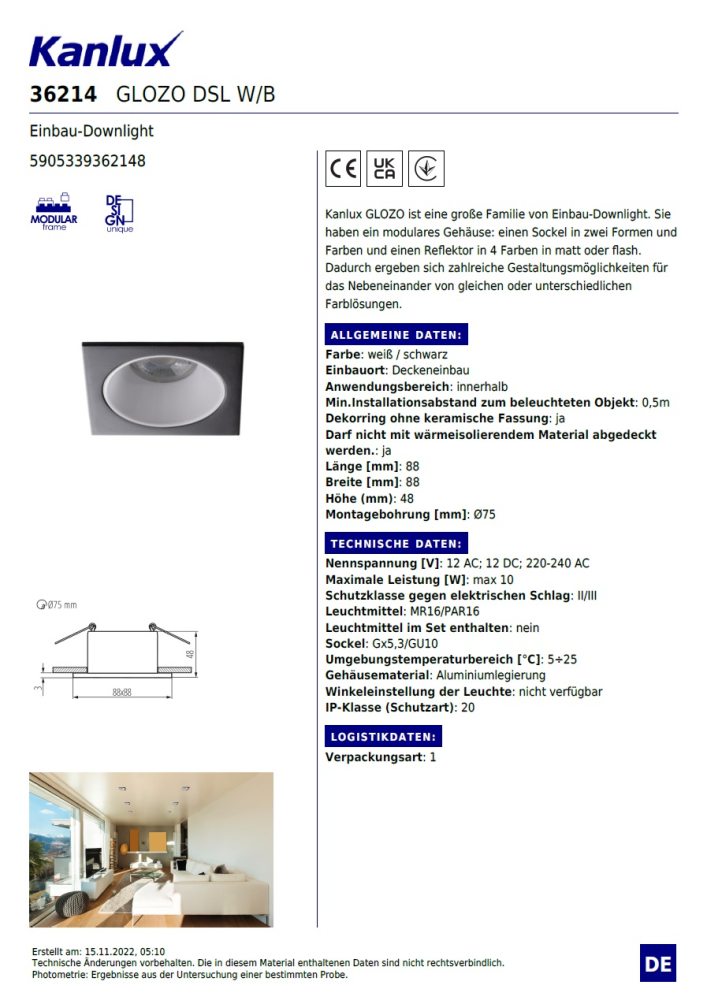 Einbaurahmen Einbau-Downlight GLOZO DSL W/B Deckeneinbauleuchte 36214