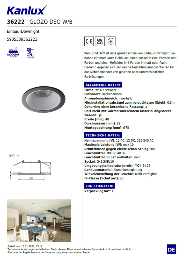 Deckeneinbaustrahler Einbau-Downlight GLOZO DSO W/B rund Deckeneinbauleuchte 36222