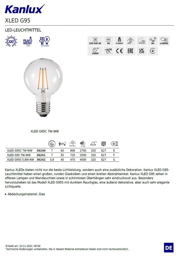 LED Filament Lampe XLED G95 4000K E27 5,8W Leuchte 470Lm neutralweiss 36242