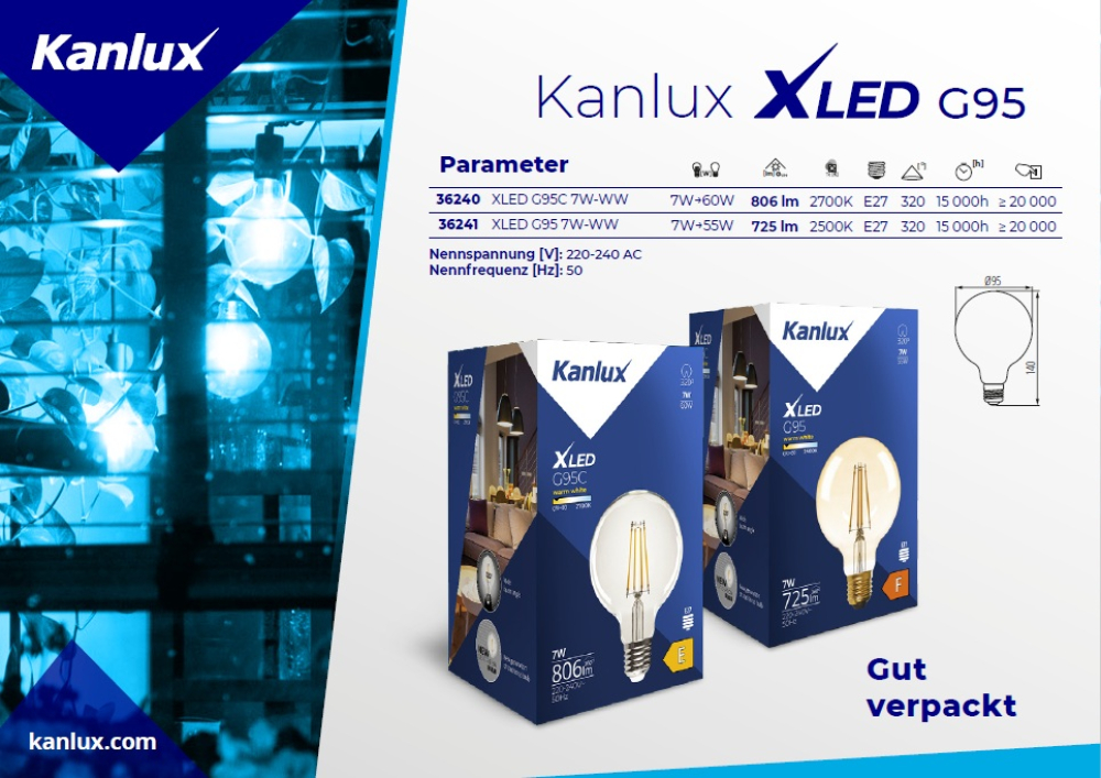 LED Filament Lampe XLED G95 4000K E27 5,8W Leuchte 470Lm neutralweiss 36242