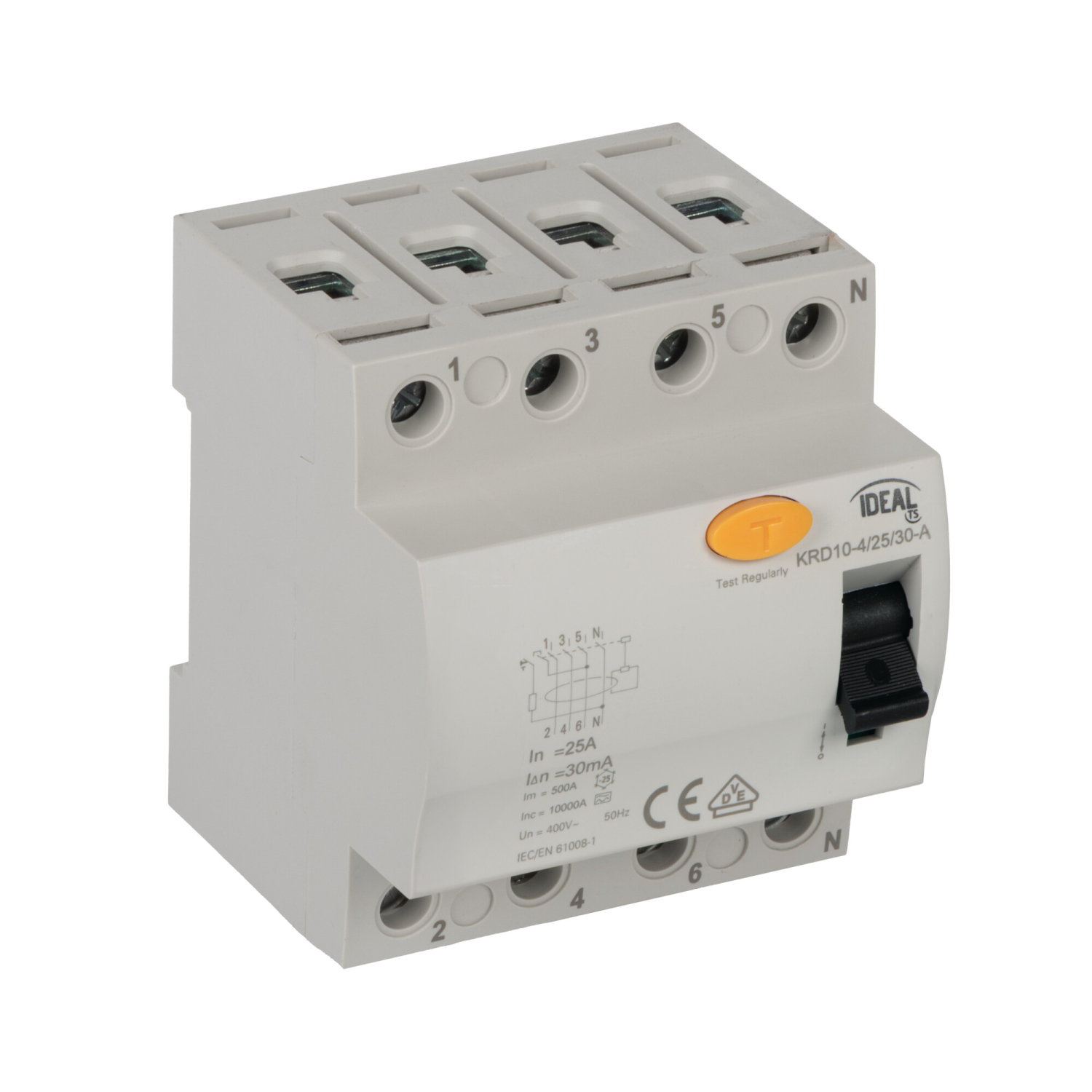 FI Schalter 25A 30-A Typ A - 4P Fehlerstromschutzschalter KRD10-4/25/30-A IDEAL 38738 VDE
