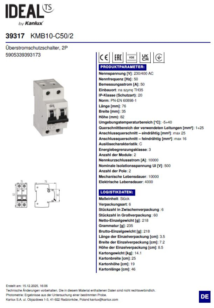 Leitungsschutzschalter Ideal  KMB10-C50/2 39317