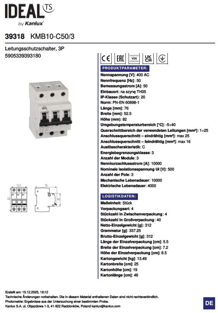Leitungsschutzschalter Ideal 3P KMB10-C50/3 39318