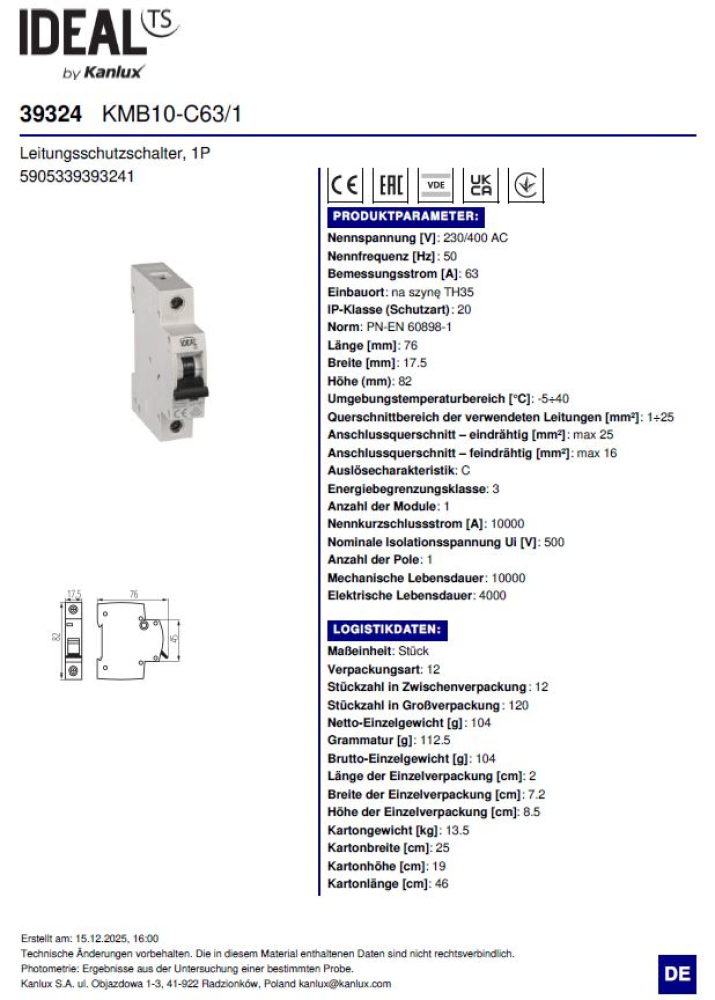 Leitungsschutzschalter Ideal 1P KMB10-C63/1 39324