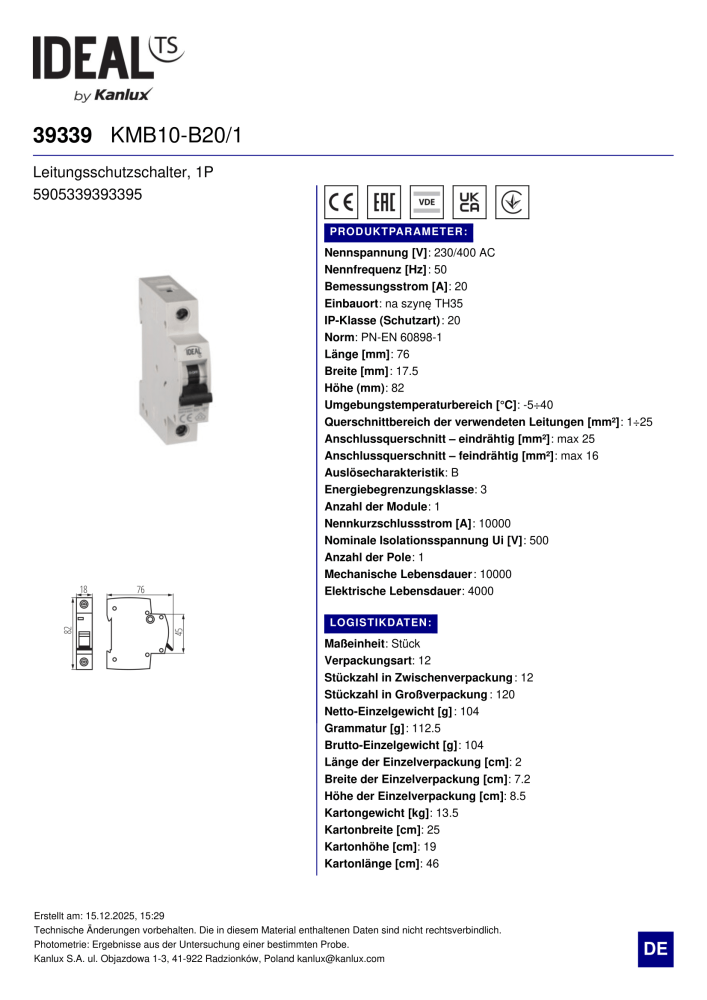 Leitungsschutzschalter Ideal KMB10-B20/1 39339