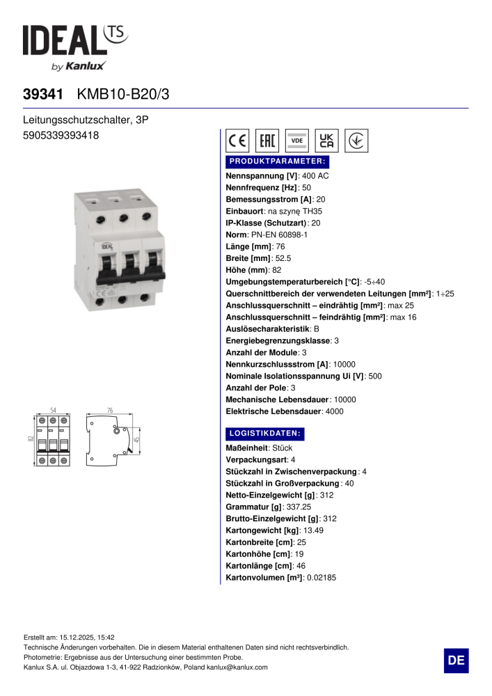 Leitungsschutzschalter Ideal KMB10-B20/3 39341