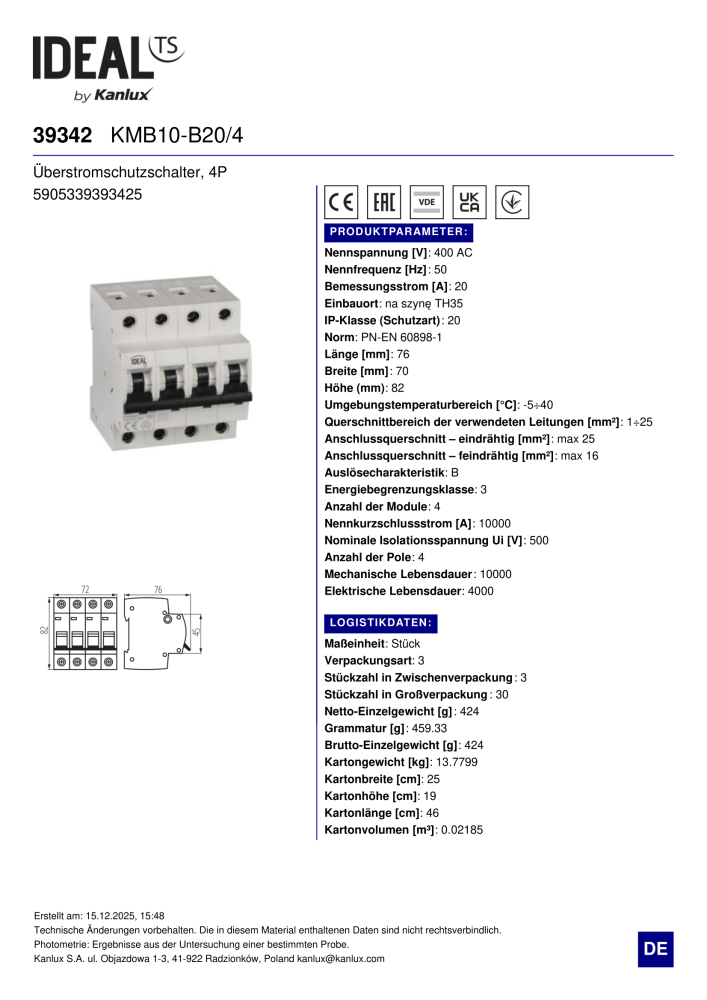Leitungsschutzschalter Ideal KMB10-B20/4 39342