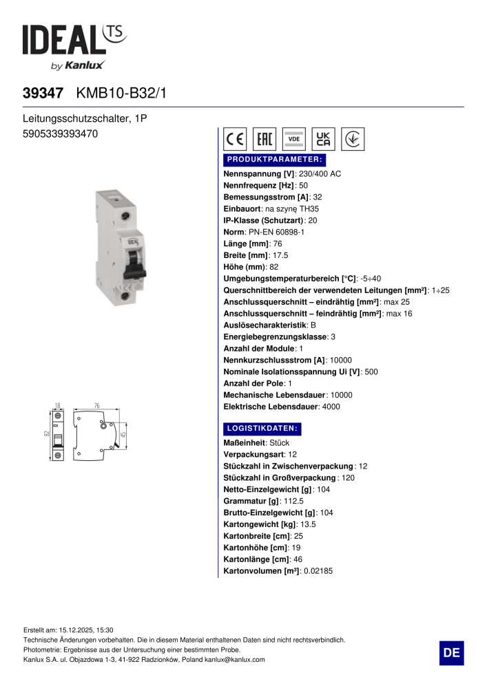 Leitungsschutzschalter Ideal KMB10-B32/1 39347