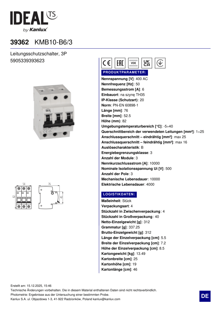 Leitungsschutzschalter Ideal KMB10-B6/3 39362