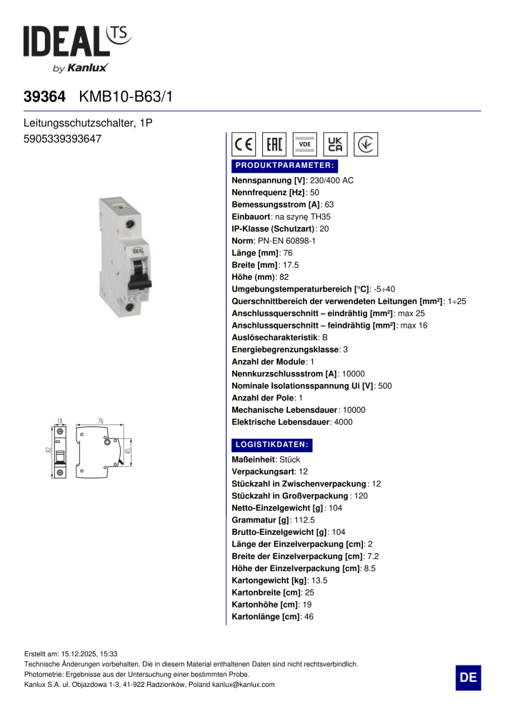 Leitungsschutzschalter Ideal KMB10-B63/1 39364