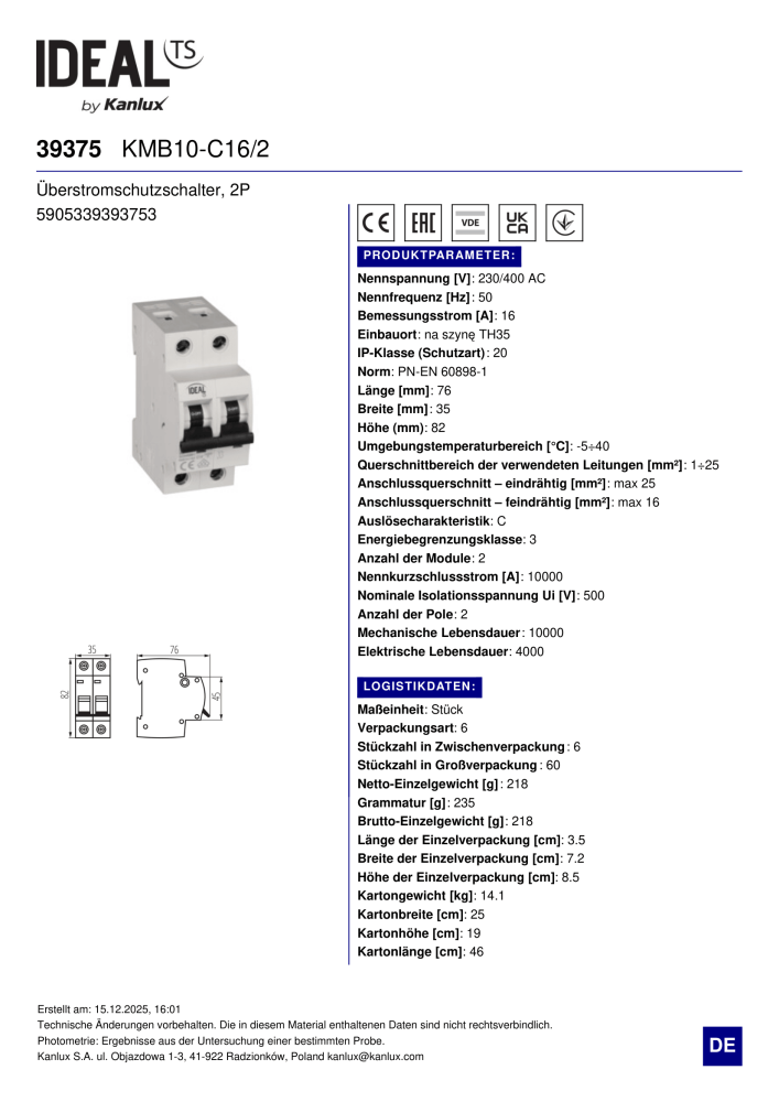 Leitungsschutzschalter Ideal KMB10-C16/2 39375