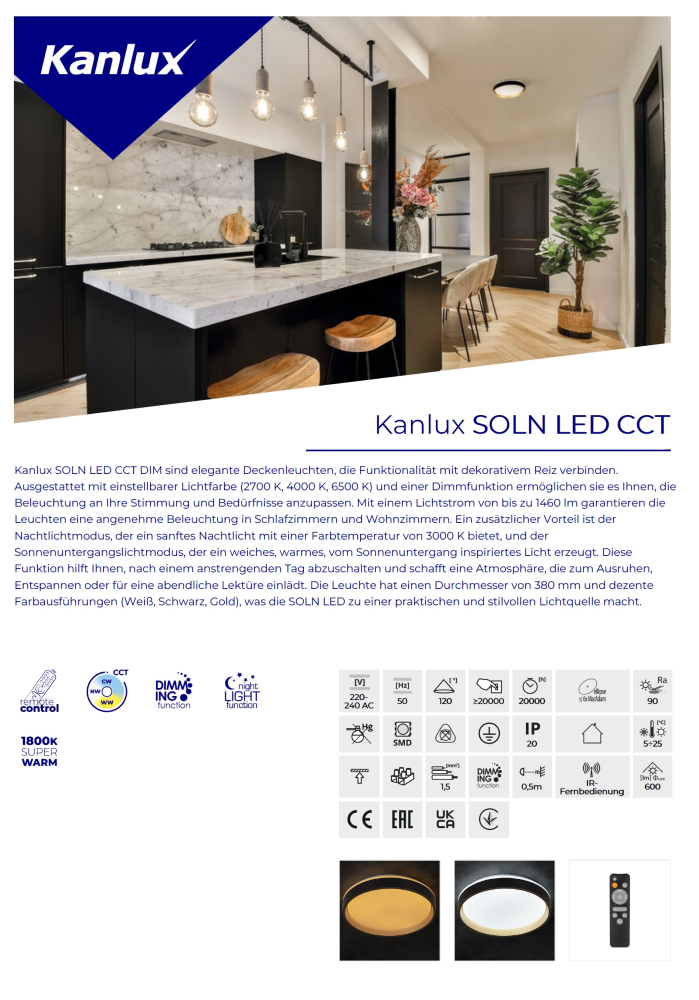 LED Deckenleuchte SOLN CCT 2700K-6500K dimmbar Ø380 schwarz/gold Kanlux 39111