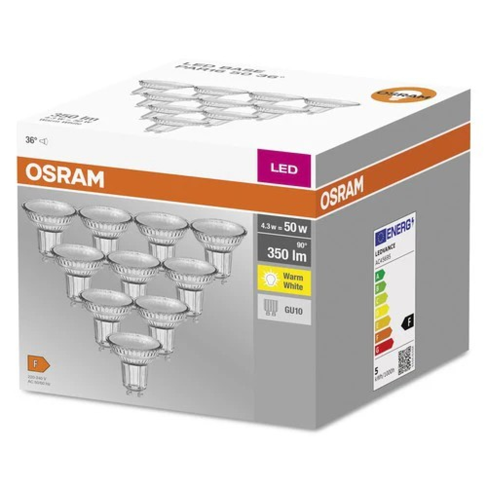 10er Pack OSRAM LED BASE PAR16 GU10 LED Strahler 4.3W 36° 2700K warmweiss 350Lm