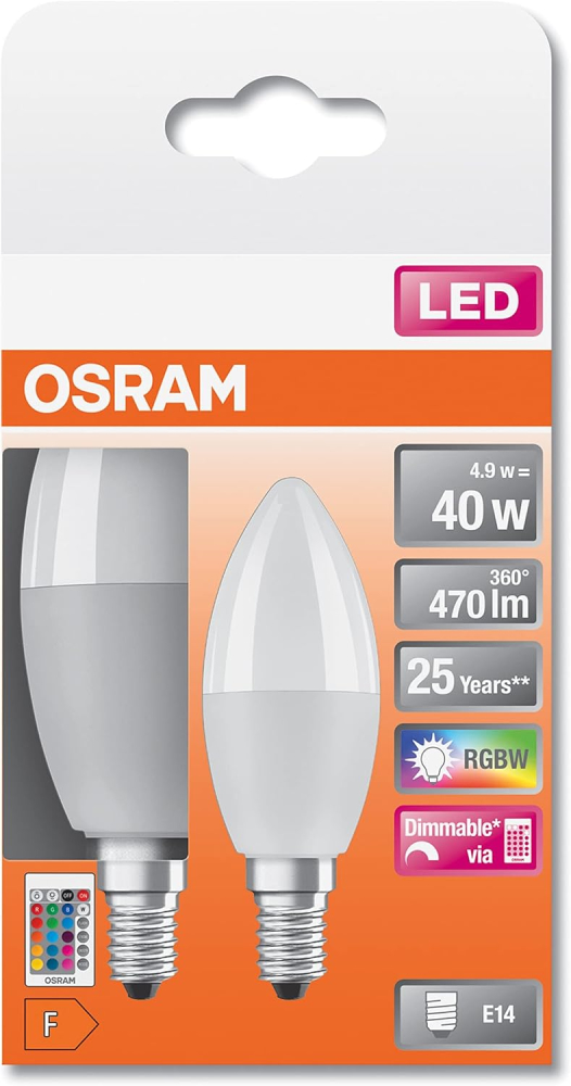 2er Pack Osram RGB LED Kerze E14 Fernbedienung Farbwechsel 4,9W dimmbar