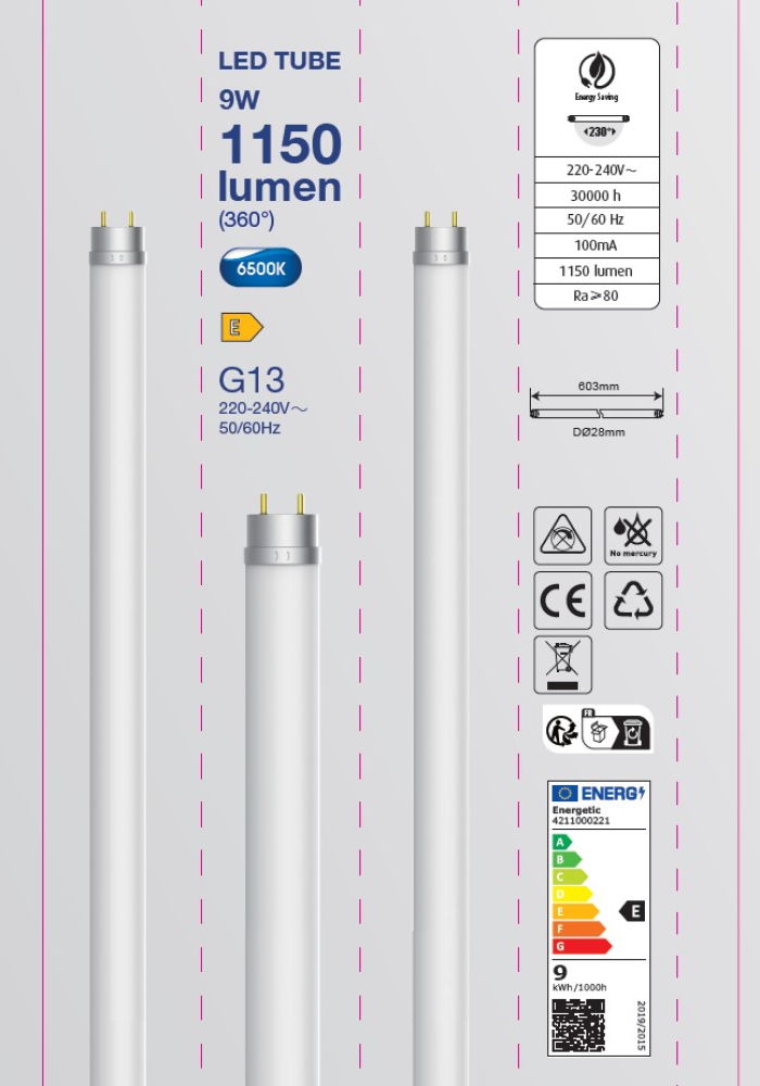 Energetic LED Röhre 60cm T8 G13F 6500K 9W Leuchtmittel 1150Lm Glas Frosted 4211000221