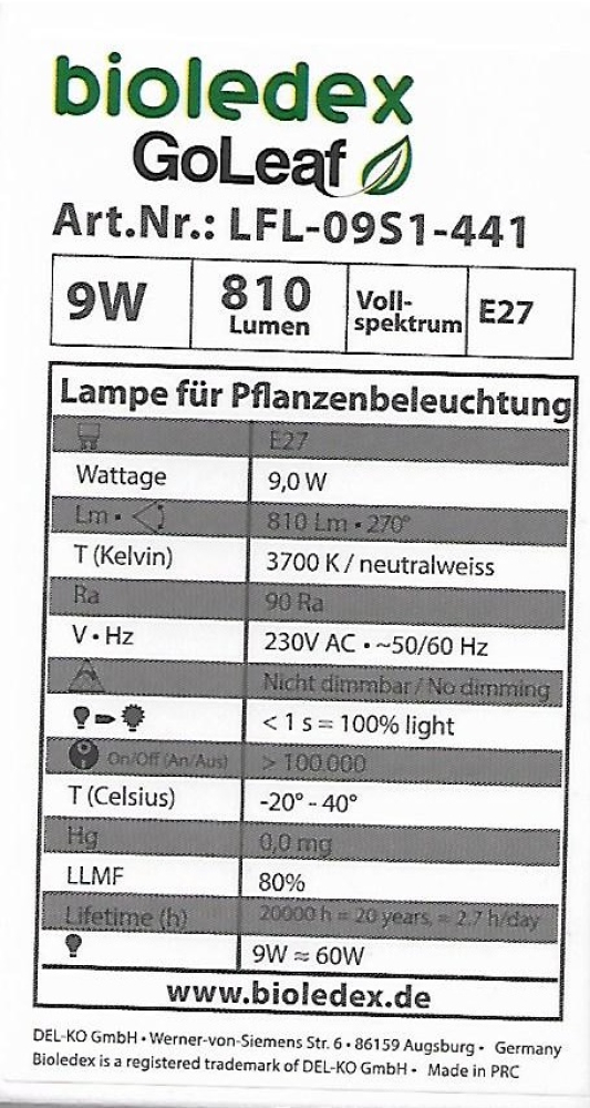 Bioledex GoLeaf LED A60 Pflanzenlampe Vollspektrum E27 9W Pflanzenleuchte