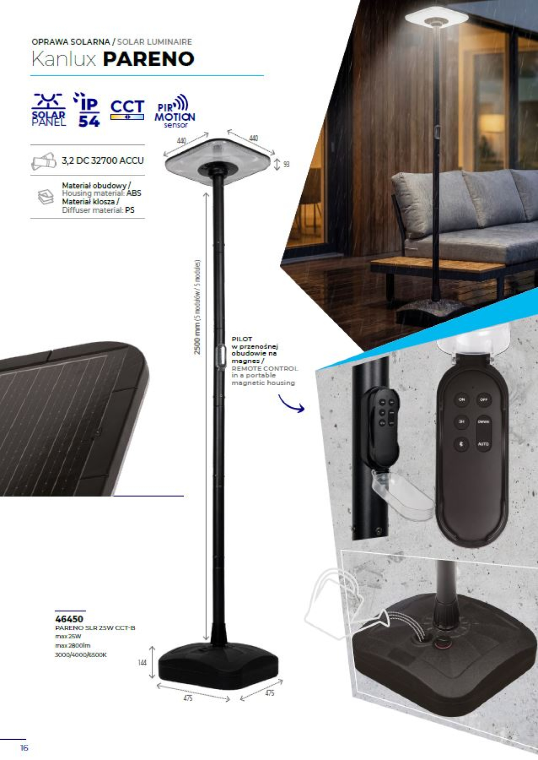 Kanlux LED Solarleuchte PARENO CCT 3000/4000/6500K PIR Sensor schwarz 25W IP54 46450