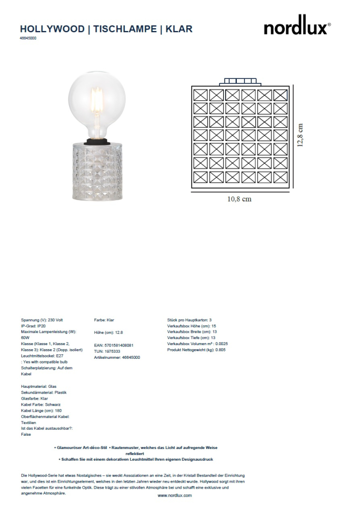 Nordlux Tischlampe HOLLYWOOD Tisch E27 Klar Tischleuchte 46645000 Ø10,8