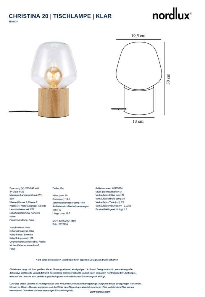 Nordlux Christina Tischleuchte E27, Glas klar, Holz Base