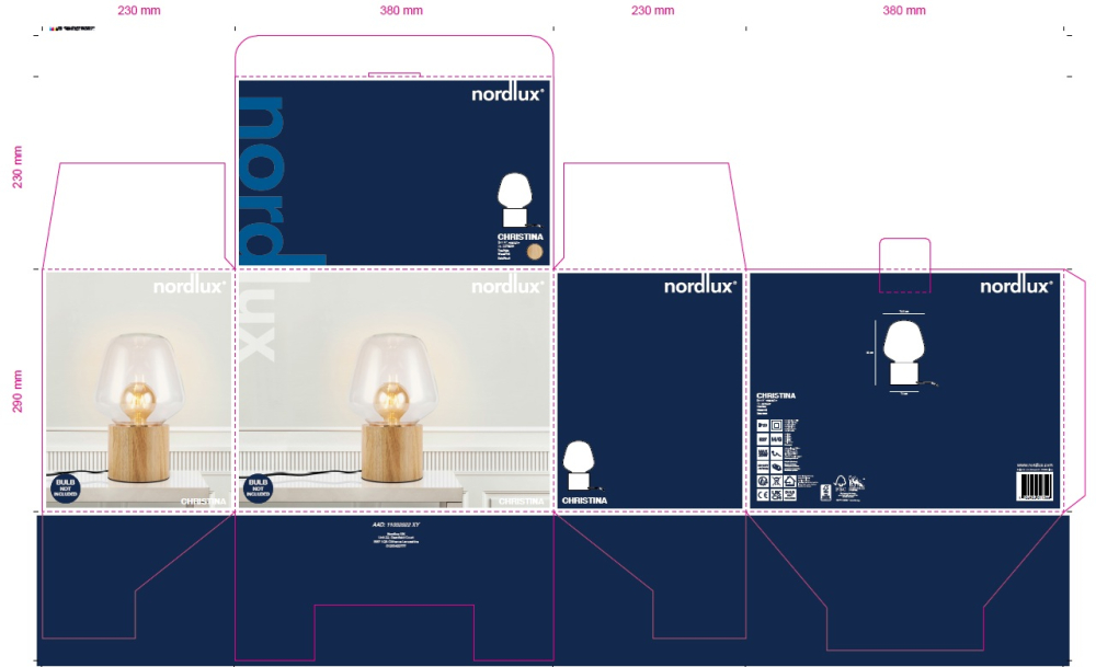 Nordlux Christina Tischleuchte E27, Glas klar, Holz Base