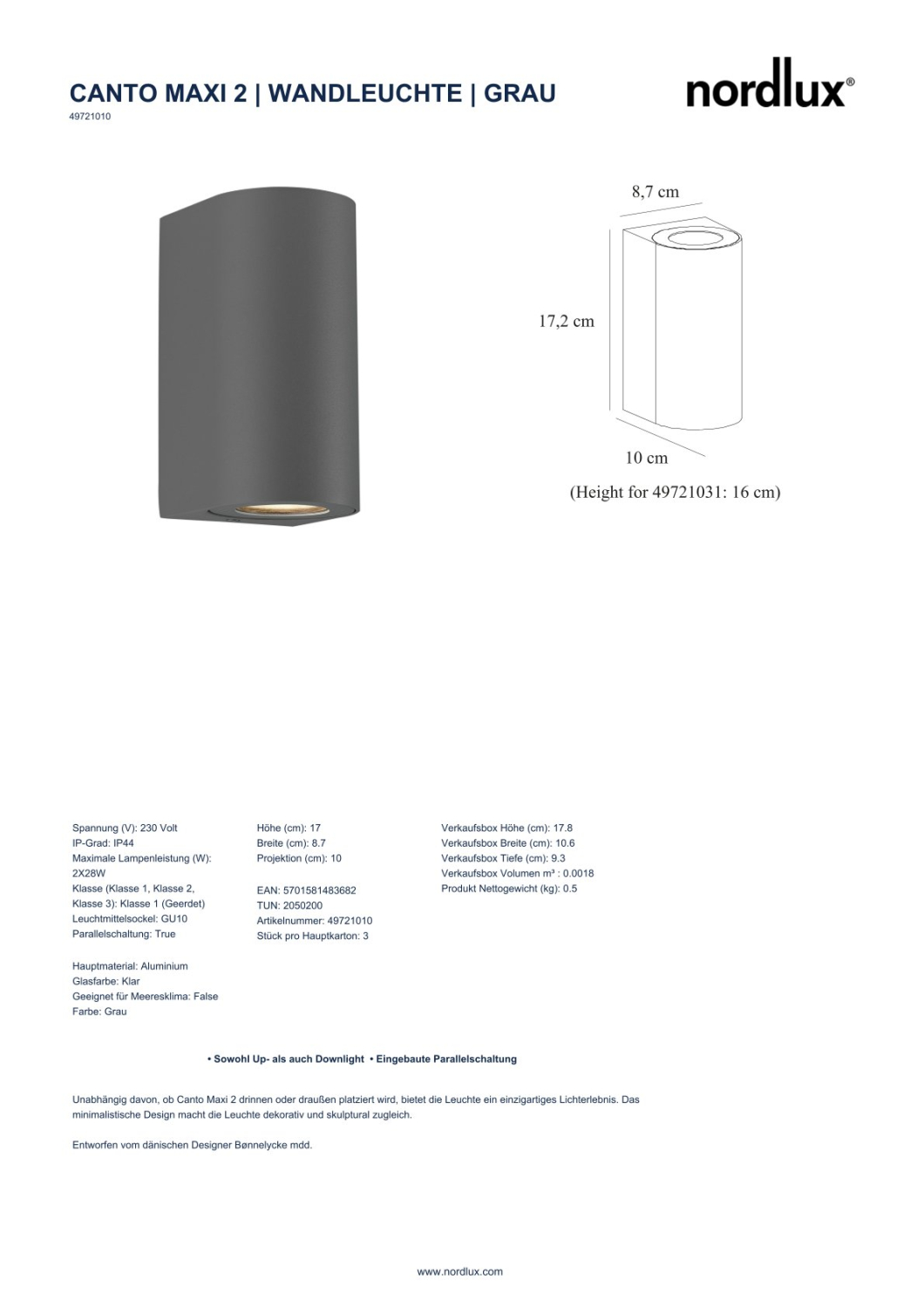 Nordlux Wandleuchte Canto Maxi 2 grau 2x GU10 Wandleuchte IP44 49721010