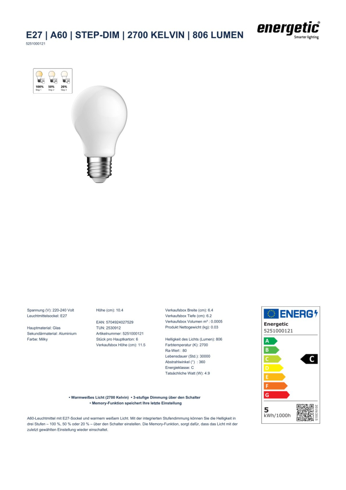 Energetic LED Lampe A60 2700K 806Lm 3-stufig dimmbar E27 Milky 5251000121