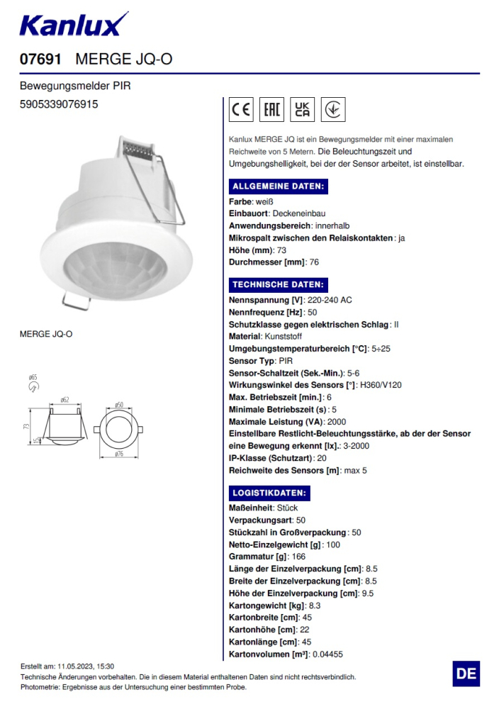 Kanlux Bewegungsmelder MERGE 360° Decken Einbau 230V weiß IP20