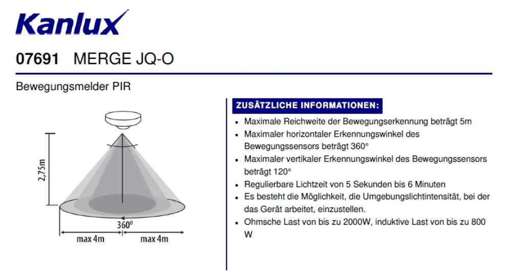 Kanlux Bewegungsmelder MERGE 360° Decken Einbau 230V weiß IP20