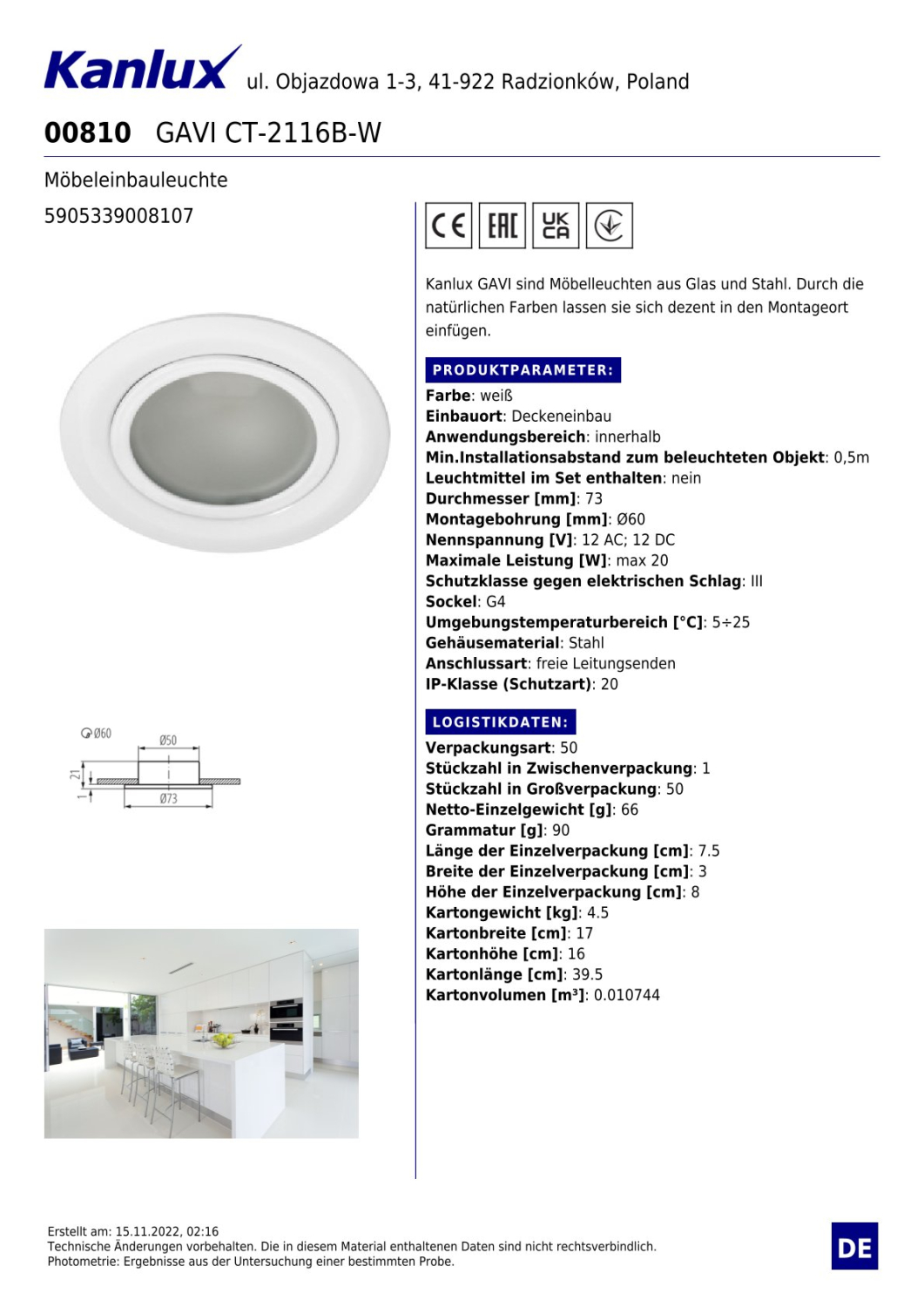 Kanlux GAVI Möbelleuchte weiss flach G4 00810