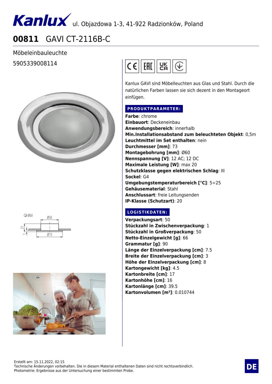 Kanlux GAVI Möbelleuchte Chrome flach G4 00811