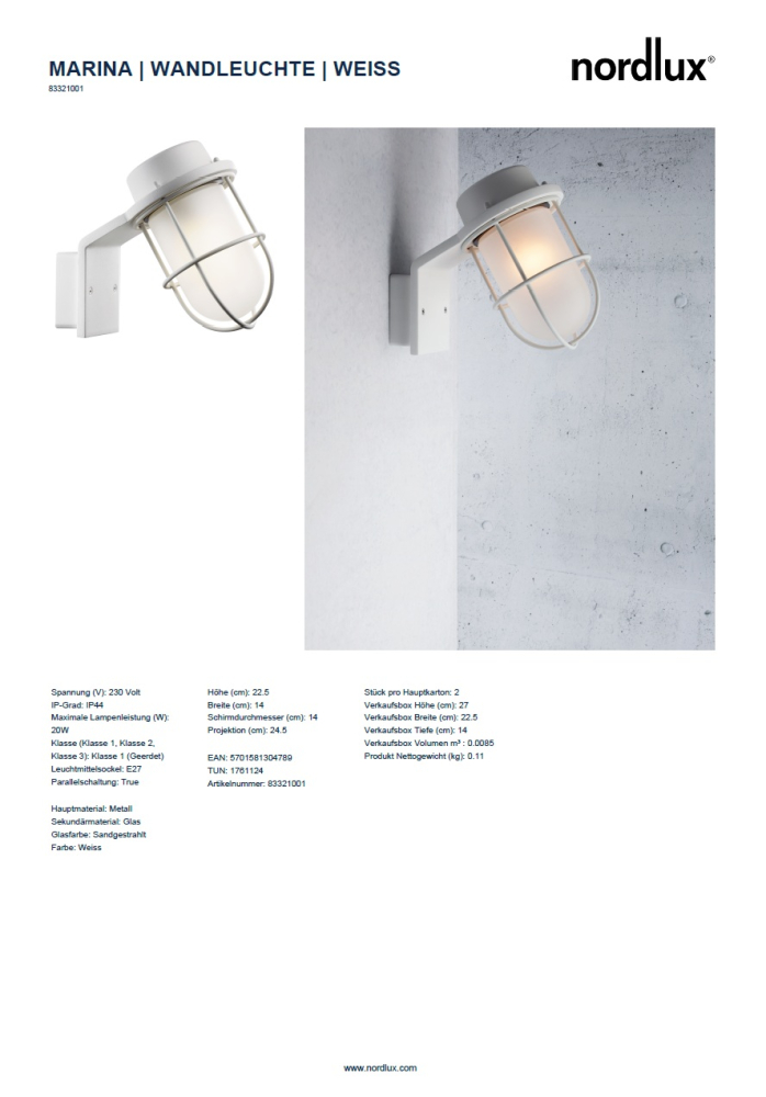 Wandleuchte Marina Wand weiss Nordlux E27 IP44 Badleuchte 83321001