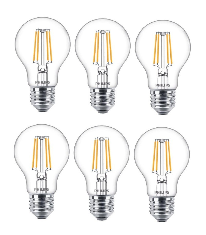 6-er Set Philips A60 Filament LED Lampe E27 7W 2700K 806Lm Klar