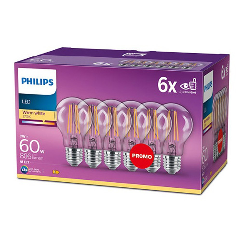 6-er Set Philips A60 Filament LED Lampe E27 7W 2700K 806Lm Klar