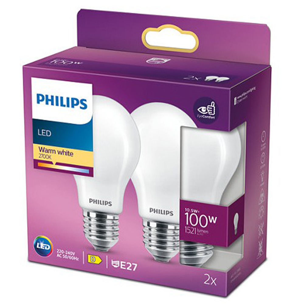 2-er Set Philips A60 LED Lampe E27 10,5W 2700K 1521Lm Matt